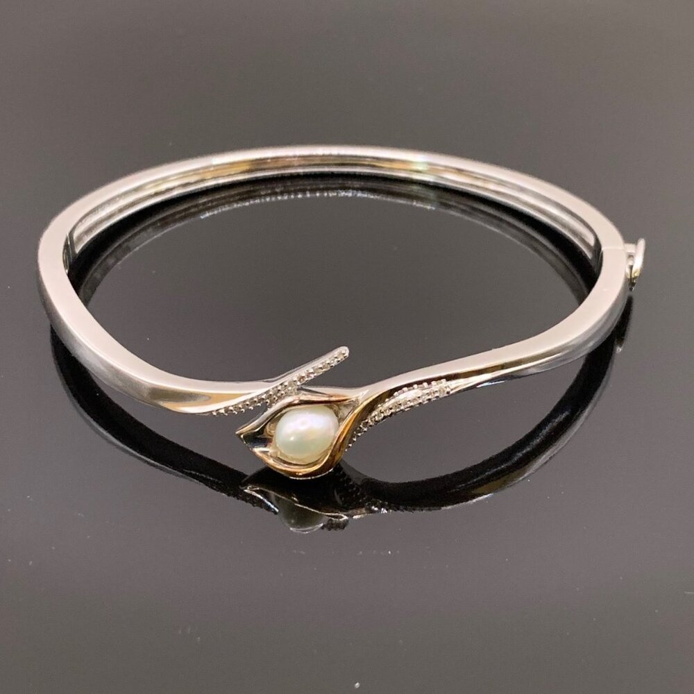 Alwand Vahan Calla Lily Pearl Diamond 925 14K Gold Hinged Bangle Bracelet #787
